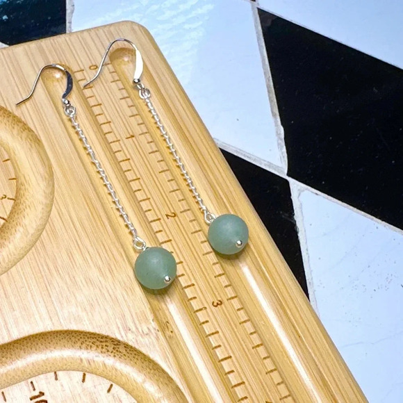 Aventurine balanced dangle drop spheres very long statement earrings silver - Picture 2 of 5